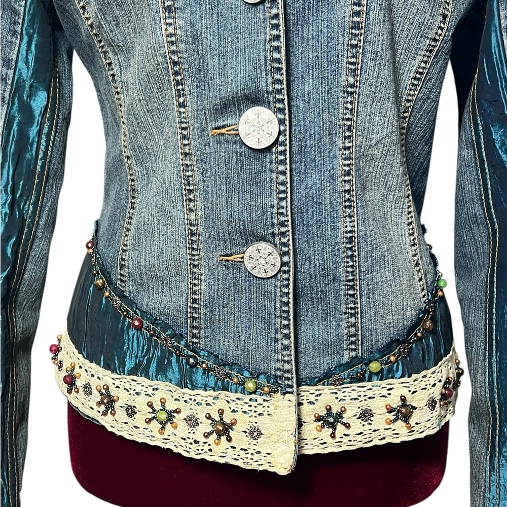 Y2K Cache Embellished Denim Jacket Sz 6 Beaded Lace Glam Boho Fairy Gypsy Boho - Picture 9 of 16